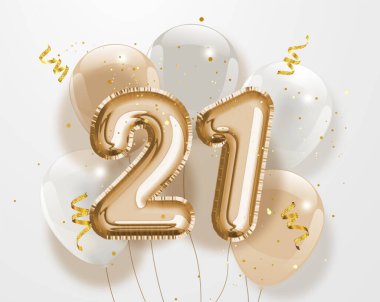 21. yaş günün kutlu olsun altın folyo balonu geçmiş. 21. yıl dönümü logo şablonu. 21. yıl konfetiyle kutlanıyor. Vektör deposu.