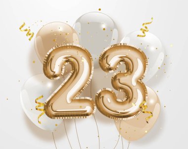 23. yaş günün kutlu olsun altın folyo balonu geçmiş. 23. yıl dönümü kutlaması konfetiyle kutlanıyor. Vektör deposu.