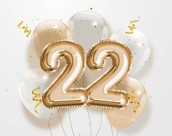 Happy 22th birthday gold foil balloon greeting background. 22 years anniversary logo template- 22th celebrating with confetti. Vector stock.