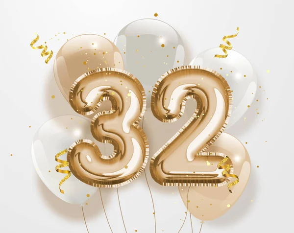 Happy 32Th Birthday Gold Foil Balloon Greeting Background Years Anniversary — Stock Vector