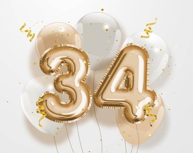 34. yaş günün kutlu olsun altın folyo balonu. 34. Yıl dönümü logo şablonu. Konfetiyle kutlanan 34. Vektör deposu