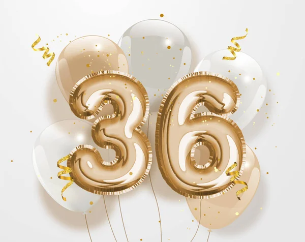 Buon 36Esimo Compleanno Oro Lamina Palloncino Saluto Sfondo Anni Anniversario — Vettoriale Stock