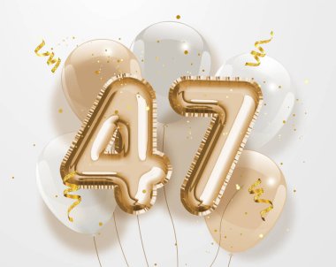 47. yaş günün kutlu olsun altın folyo balonu. 47. Yıl dönümü logo şablonu. Konfetiyle kutlayan 47. Vektör deposu.