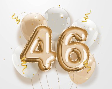 46. yaş günün kutlu olsun altın folyo balonu. 46. Yıl dönümü logo şablonu- 46. Konfetiyle kutlama. Vektör deposu.