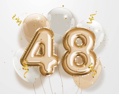 48. yaş günün kutlu olsun altın folyo balonu. 48 yıllık logo şablonu konfetiyle 48. kutlaması. Vektör deposu.