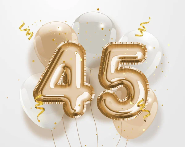 生日快乐45岁生日金箔气球背景 45周年标志的模板45周年庆祝与Confetti 矢量存量 — 图库矢量图片