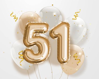 51. yaş günün kutlu olsun altın folyo balonu. 51. Yıl dönümü logo şablonu- 51. Konfetiyle kutlama. Vektör deposu.
