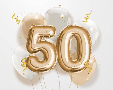 Mutlu 50 'nci yaş günü altın folyo balonu geçmiş. 50' nci yıl dönümü logo şablonu. Konfetiyle 50. yaş gününü kutluyoruz. Vektör deposu.