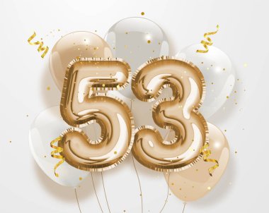 53. yaş günün kutlu olsun altın folyo balonu geçmiş. 53. Yıl dönümü logo şablonu- 53. Konfetiyle kutlama. Vektör deposu.