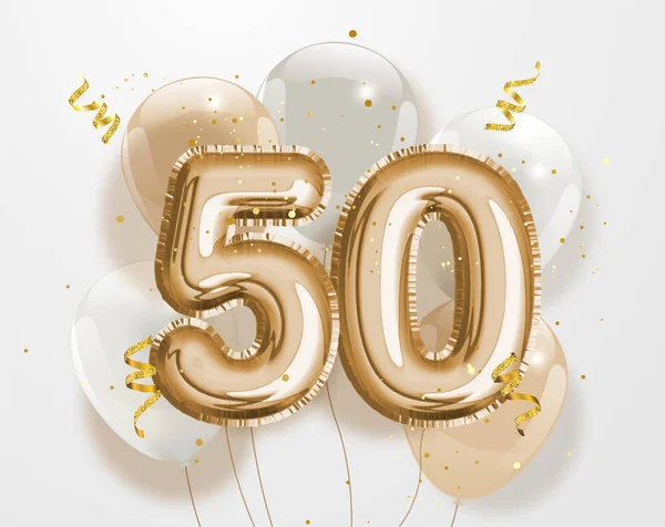 Mutlu 50 'nci yaş günü altın folyo balonu geçmiş. 50' nci yıl dönümü logo şablonu. Konfetiyle 50. yaş gününü kutluyoruz. Vektör deposu.