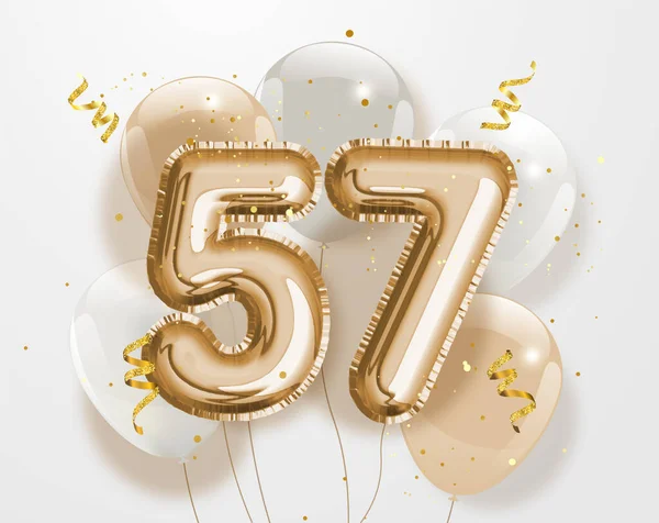 幸せな57歳の誕生日金箔バルーン挨拶の背景 57周年記念ロゴテンプレート コンフェッティで57周年を祝います ベクター株式 — ストックベクタ