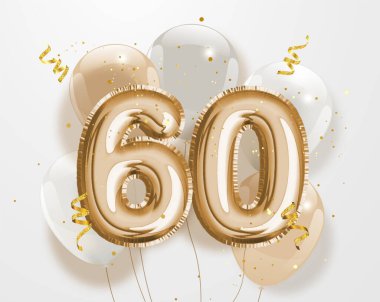 Happy 60th birthday gold foil balloon greeting background. 60 years anniversary logo template- 60th celebrating with confetti. Vector stock. clipart