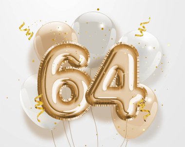 64. yaş günün kutlu olsun altın folyo balonu. 64. Yıl dönümü logo şablonu- 64. Konfetiyle kutlama. Vektör deposu.