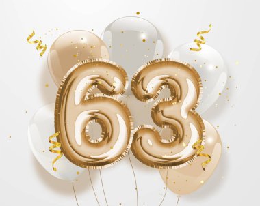 63. yaş günün kutlu olsun altın folyo balonu geçmiş. 63. Yıl dönümü logo şablonu. 63. Konfeti ile kutlanıyor. Vektör deposu.