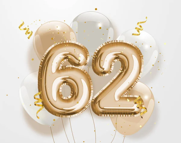 Feliz 62º Cumpleaños Oro Hoja Globo Saludo Fondo Años Aniversario — Vector de stock