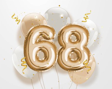 68. yaş günün kutlu olsun altın folyo balonu. 68. Yıl dönümü logo şablonu konfetiyle 68. kutlaması. Vektör deposu.