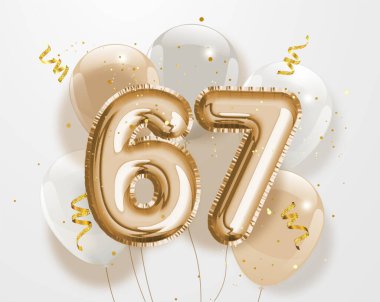 67. yaş günün kutlu olsun altın folyo balonu. 67. Yıl dönümü logo şablonu. Konfetiyle 67. kutlama. Vektör deposu.