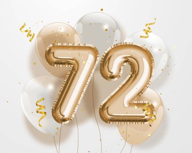 72. yaş günün kutlu olsun altın folyo balonu. 72. Yıl dönümü logo şablonu 72. Konfetiyle kutlama. Vektör deposu.