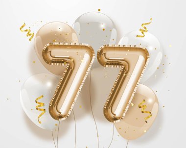 77. yaş günün kutlu olsun altın folyo balonu. 77. Yıl dönümü logo şablonu. Konfetiyle kutlanan 77. Vektör deposu.