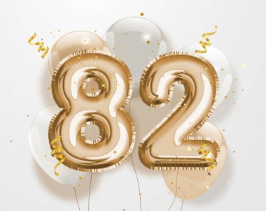 82 'nci yaş günün kutlu olsun altın folyo balonu. 82. Yıl dönümü logo şablonu- 82. Konfetiyle kutlama. Vektör deposu.