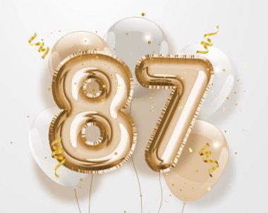 87. yaş günün kutlu olsun altın folyo balonu. 87. Yıl dönümü logo şablonu 87. kutlaması konfetiyle. Vektör deposu