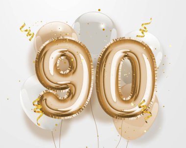 90. yaş günün kutlu olsun altın folyo balonu. 90. Yıl dönümü logosu 90. Konfetiyle kutlanıyor. Vektör deposu