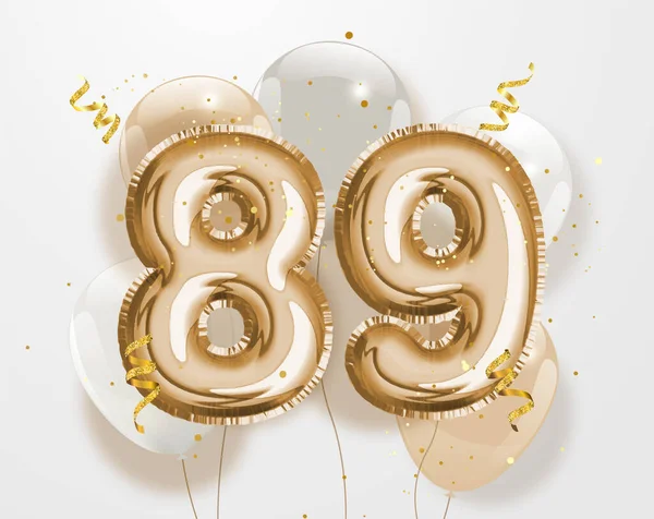 幸せな89歳の誕生日金箔バルーン挨拶の背景 89周年記念ロゴテンプレート コンフェッティで89周年を祝います ベクター株式 — ストックベクタ