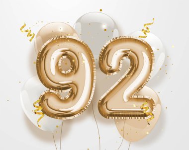 92. yaş günün kutlu olsun altın folyo balonu. 92. Yıldönümü logosu 92. Konfetiyle kutlanıyor. Vektör deposu
