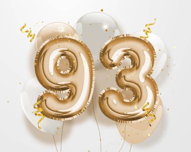 93. yaş günün kutlu olsun altın folyo balonu geçmiş. 93. Yıl dönümü logo şablonu- 93. Konfetiyle kutlama. Vektör deposu