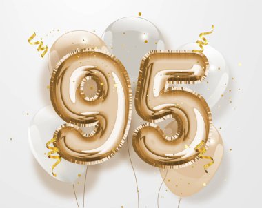 95. yaş günün kutlu olsun altın folyo balonu. 95 'inci yıl dönümü logo şablonu. 95' inci yıl dönümünde konfetiyle kutlama. Vektör deposu
