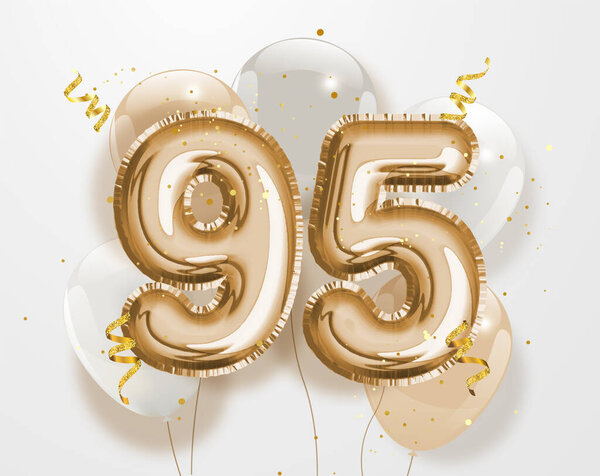 С 95-летием со дня рождения золотой фольги воздушный шар поздравления фон. 95-летний юбилей логотипа - 95-й праздник с конфетти. Векторный сток