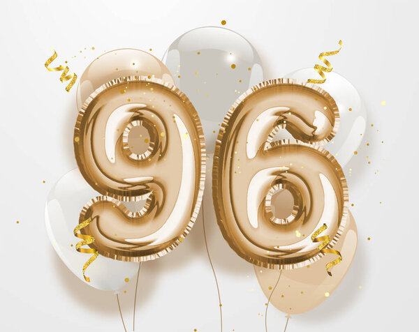 Поздравление с 96-летием со дня рождения на фоне золотого шара из фольги. 96-летний юбилей логотипа - 96-й праздник с конфетти. Векторный сток
