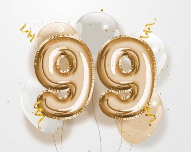 99. yaş günün kutlu olsun altın folyo balonu. 99. Yıl dönümü logo şablonu. 99. Vektör deposu
