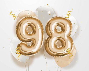 98. yaş günün kutlu olsun altın folyo balonu. 98. Yıl dönümü logo şablonu. 98. Konfetiyle kutlama. Vektör deposu