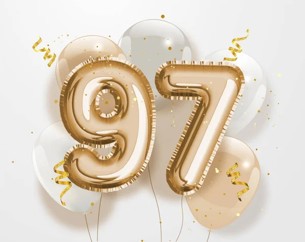 Szczęśliwego Urodziny Złoty Balon Foliowe Tło Powitalne Wzór Lecia Logo — Wektor stockowy