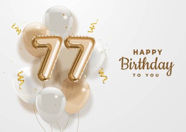 77. yaş günün kutlu olsun altın folyo balonu. 77. Yıl dönümü logo şablonu. Konfetiyle kutlanan 77. Vektör deposu.