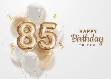 85. yaş günün kutlu olsun altın folyo balonu. 85 'inci yıl dönümü logo şablonu 85h' de konfetiyle kutlanıyor. Vektör deposu.