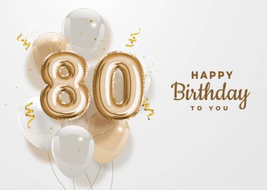 80. yaş günün kutlu olsun altın folyo balonu. 80 'inci yıl dönümü logosu 80' inci saat kutlaması konfetiyle. Vektör deposu.