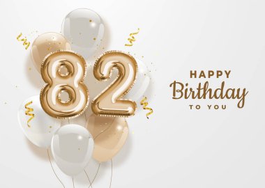 82 'nci yaş günün kutlu olsun altın folyo balonu. 82 yıl dönümü logo şablonu. Konfetiyle 82 saat kutlama. Vektör deposu.