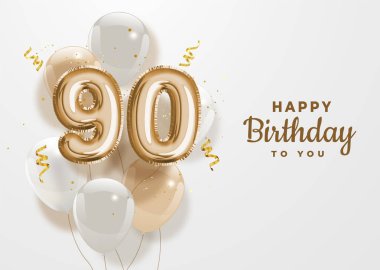 90. yaş günün kutlu olsun altın folyo balonu. 90 'ıncı yıl dönümü logosu 90' da konfetiyle kutlanıyor. Vektör deposu