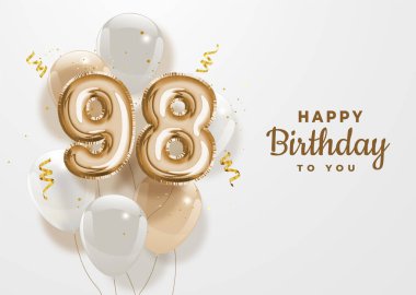 98. yaş günün kutlu olsun altın folyo balonu. 98 'inci yıl dönümü logo şablonu. 98' de konfetiyle kutlama. Vektör deposu