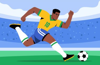 Dynamic male soccer player in a Brazil national team uniform in action. Sport concept. Vector stock