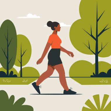 Woman walking in the summer park. Walking concept. The background features green trees, trunks and foliage. Vector stock