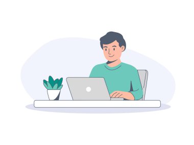 Dizüstü bilgisayarda çalışan adam beyaz arka planda izole edilmiş. İniş sayfası tasarımı.