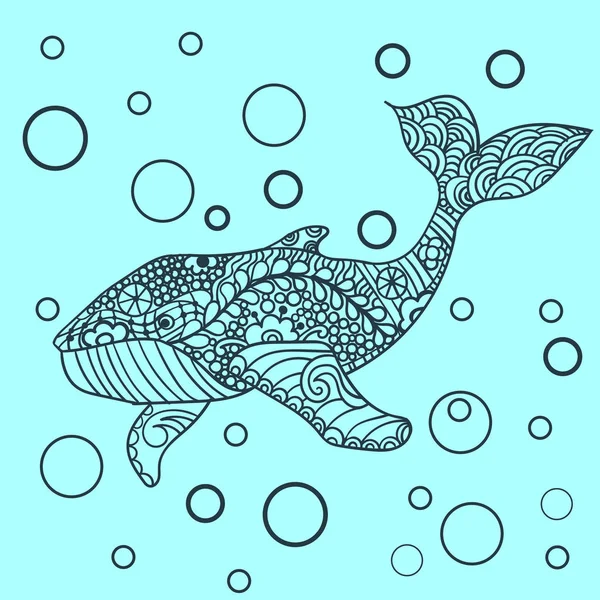 Whale, zentangle print, adult coloring page. Hand drawn artistically, ornamental patterned Whale illustration. Sea Animal collection, t-shirt design — Stock Photo, Image