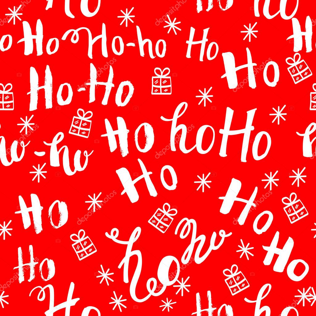 ho pattern with snowflakes. Seamless christmas pattern. Hand drawn lettering on red background