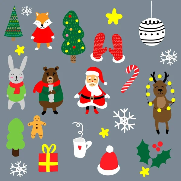 Boże Narodzenie nowy rok znaków zestaw z kreskówki. Kolekcja elementów xmas do projektowania kart okolicznościowych. Boże Narodzenie ikony. — Wektor stockowy