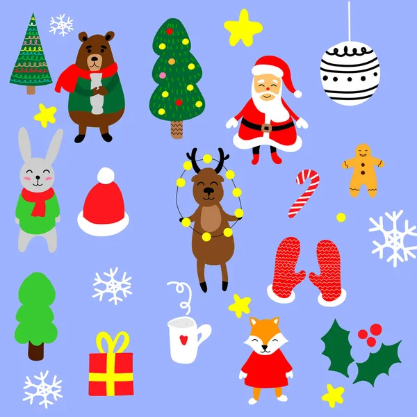 Boże Narodzenie nowy rok znaków zestaw z kreskówki. Kolekcja elementów xmas do projektowania kart okolicznościowych. Boże Narodzenie ikony. — Zdjęcie stockowe