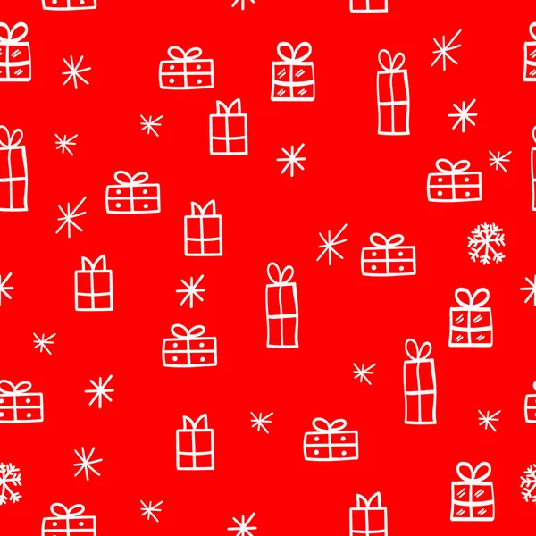 Feliz Natal e Feliz Ano Novo fundo sem costura com símbolos tradicionais: flocos de neve e presentes — Vetor de Stock