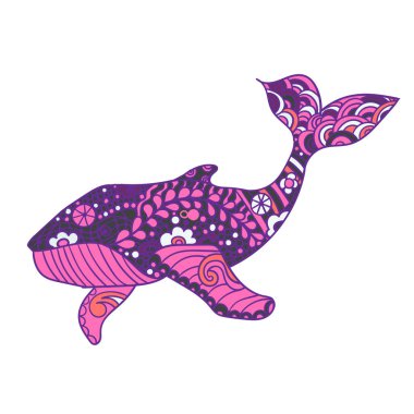 Balina, zentangle baskı, Yetişkin renklendirme sayfa. El sanatsal, dekoratif desenli balina resimde çekilmiş. Deniz hayvan koleksiyonu, t-shirt tasarım